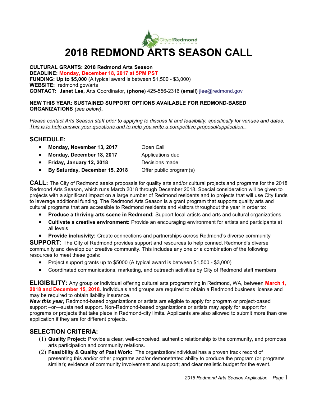 CULTURAL GRANTS: 2018 Redmond Arts Season