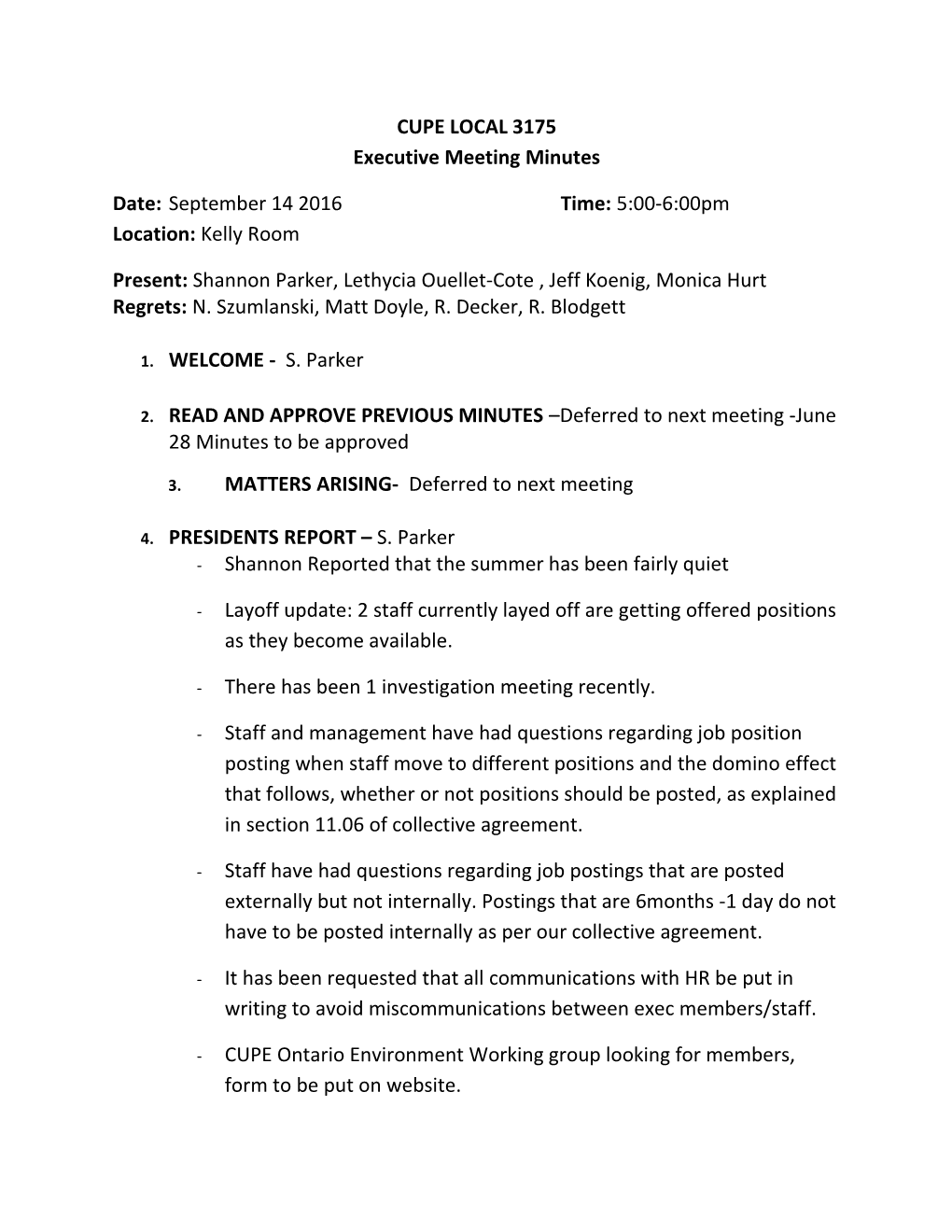 CUPE LOCAL 3175 Executive Meeting Minutes