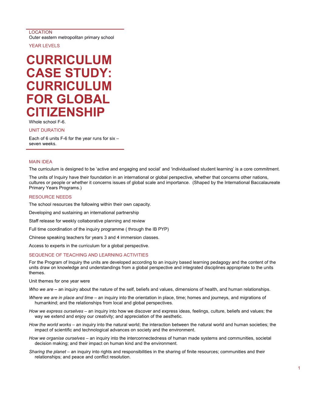 Curriculum Case Study: Curriculum for Global Citizenship