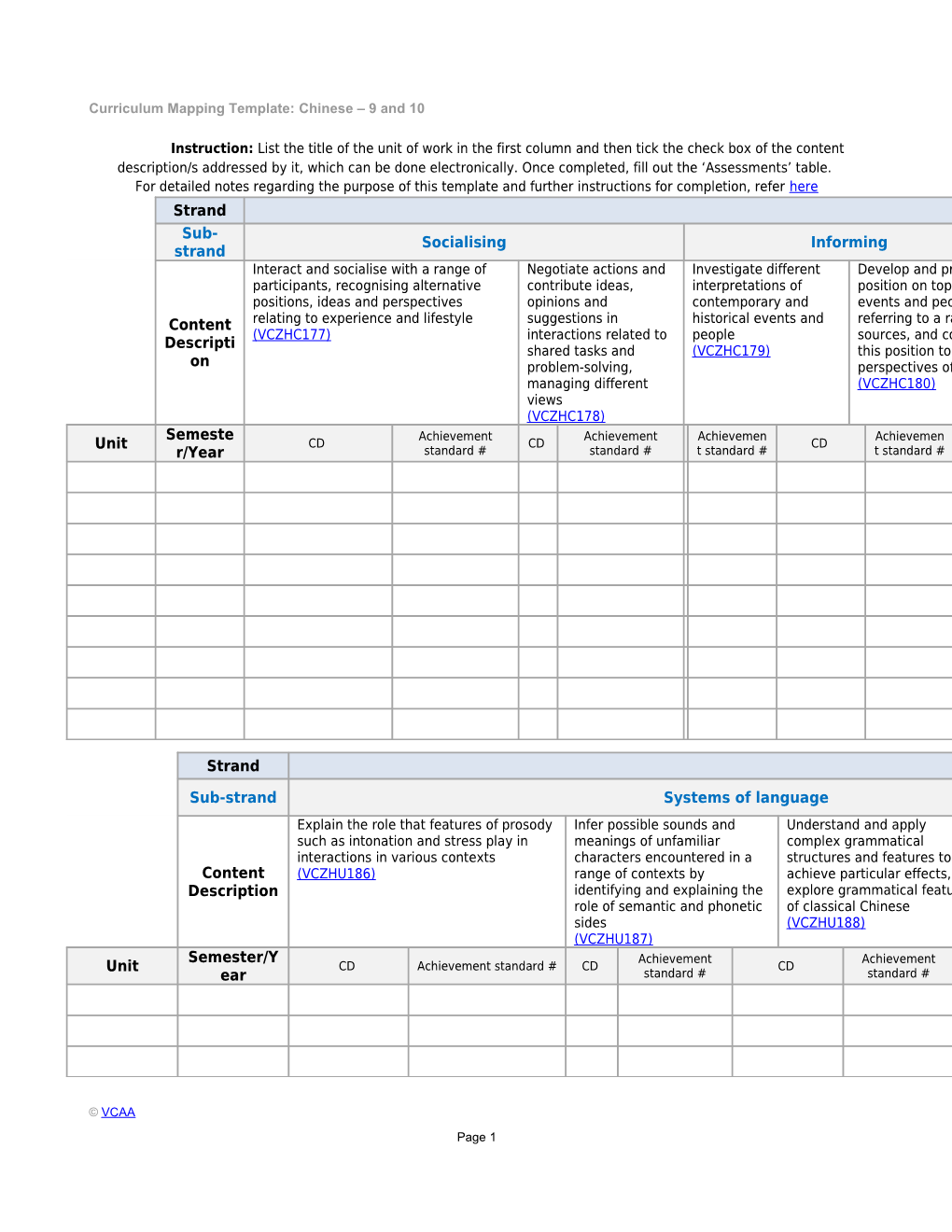 Curriculum Mapping Template: Chinese 9 and 10