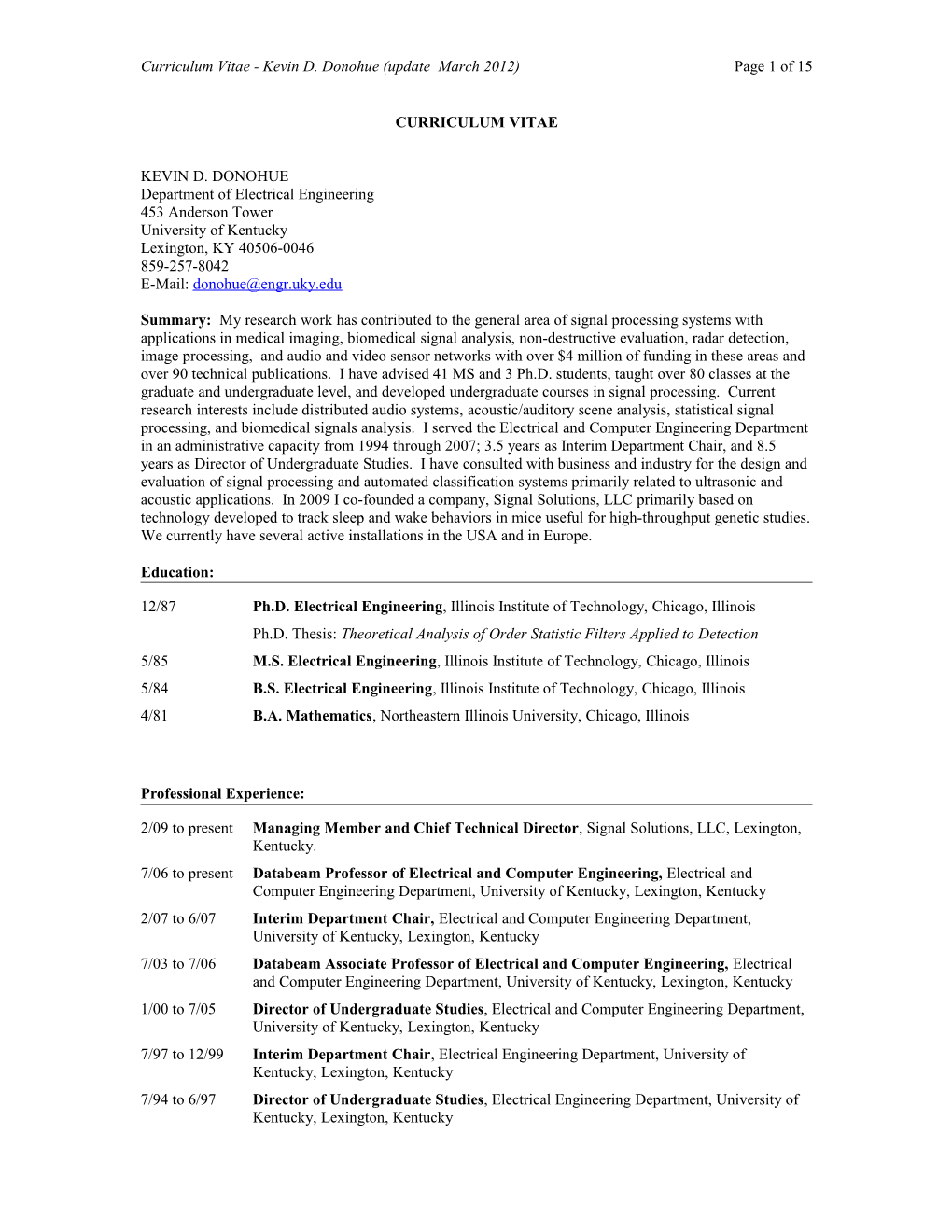 Curriculum Vitae - Kevin D. Donohue (Update March 2012) Page 1 of 1