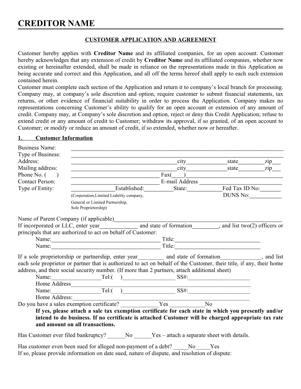 Customer Application and Agreement