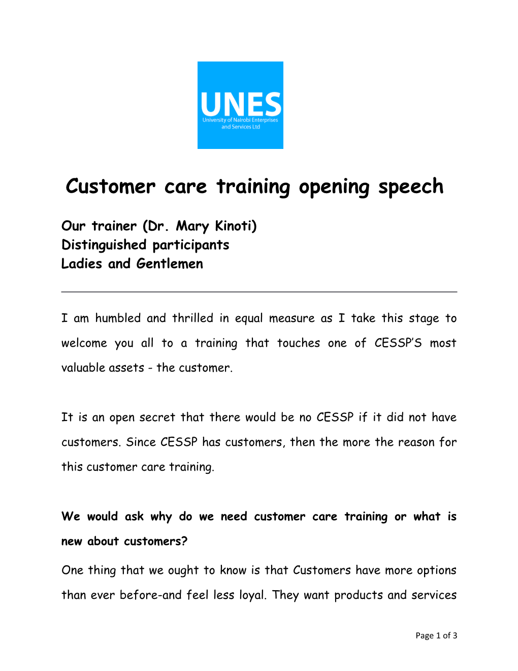 Customer Care Training Opening Speech