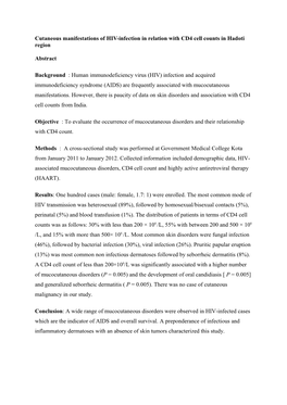Cutaneous Manifestations of HIV-Infection in Relation with CD4 Cell Counts in Hadoti Region