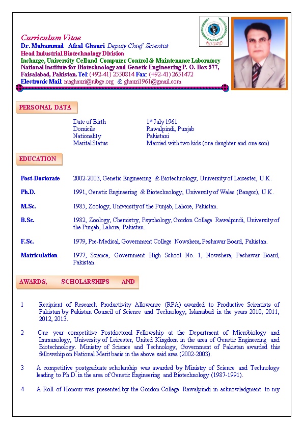 CV - Dr. M. Afzal Ghauri, NIBGE, Faisalabad