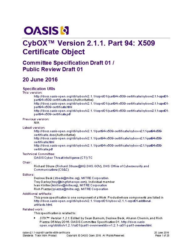 Cybox Version 2.1.1. Part 94: X509 Certificate Object