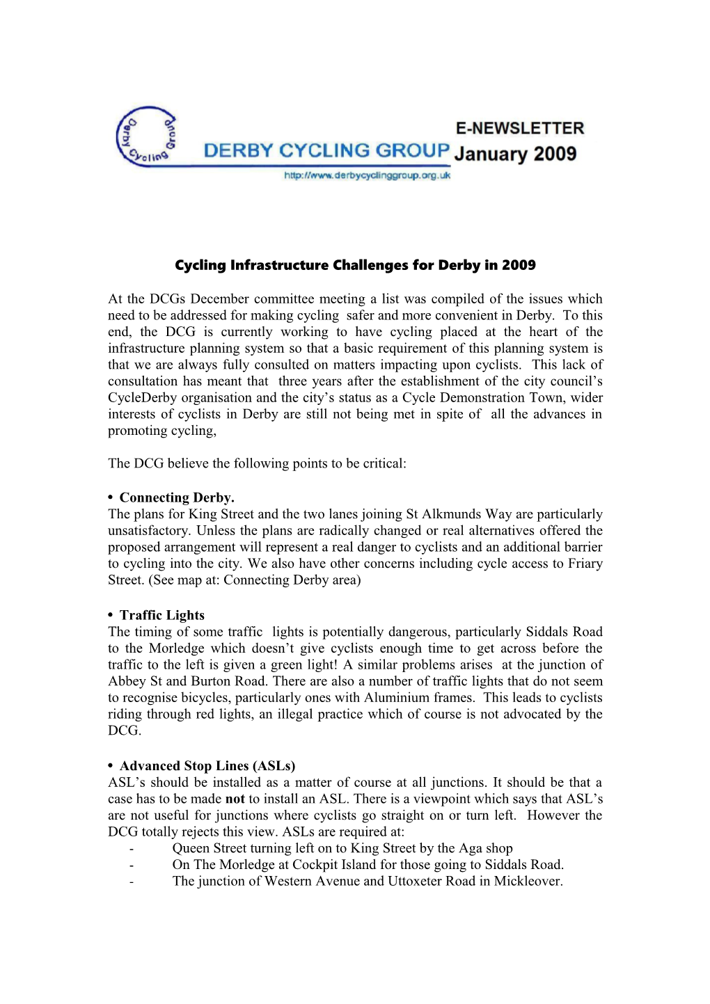 Cycling Infrastructure Challenges for Derby in 2009