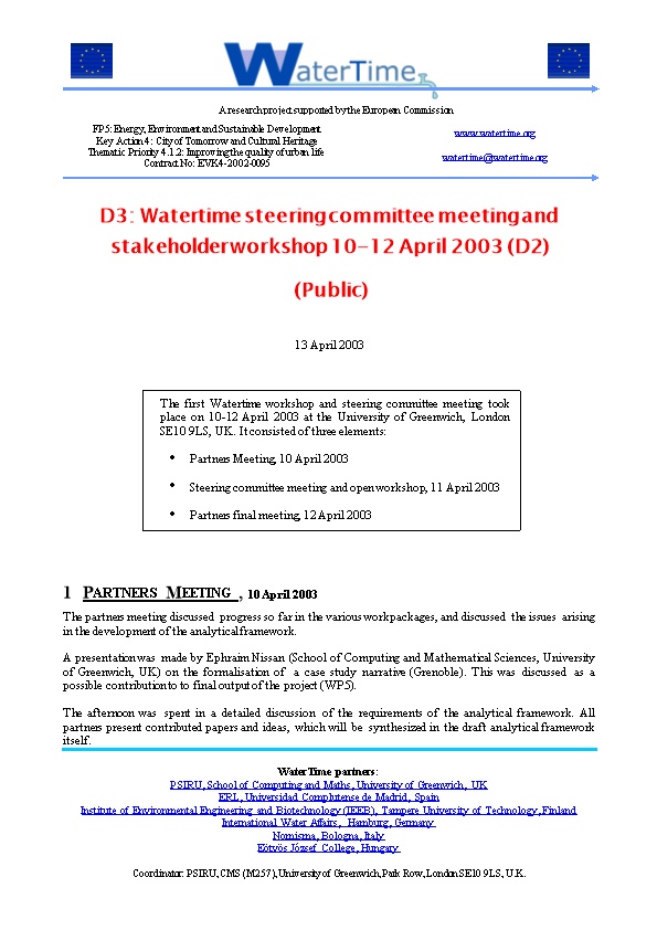D3: Watertime Steering Committee Meeting and Stakeholder Workshop 10-12 April 2003 (D2)
