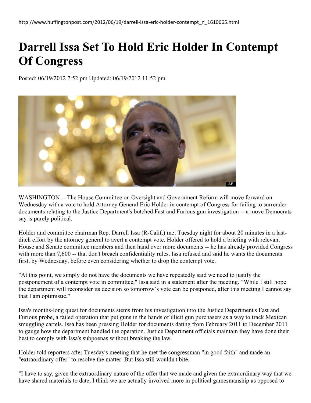Darrell Issa Set to Hold Eric Holder in Contempt of Congress