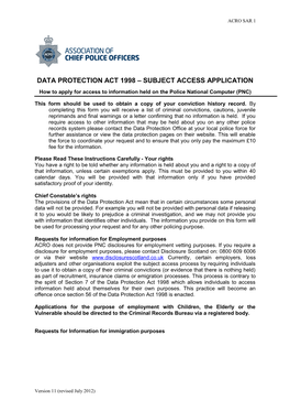 Data Protection Act 1998 Subject Access Application