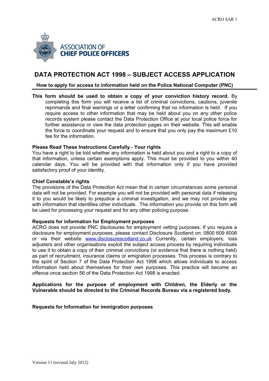 Data Protection Act 1998 Subject Access Application