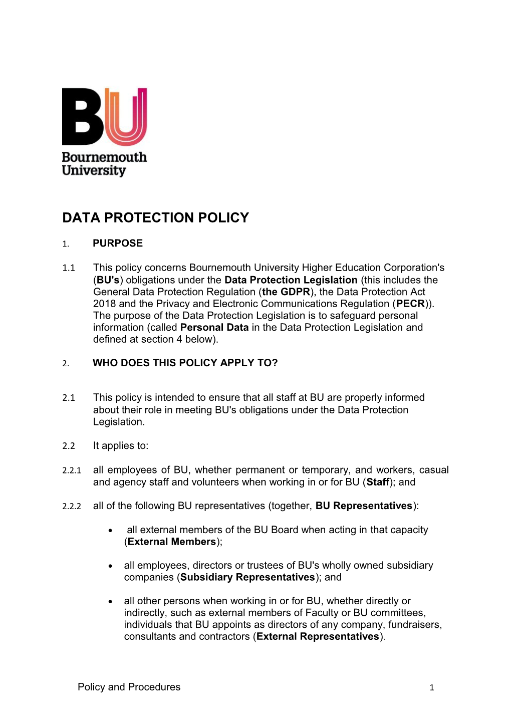 Data Protection Policy for Staff and BU Representatives