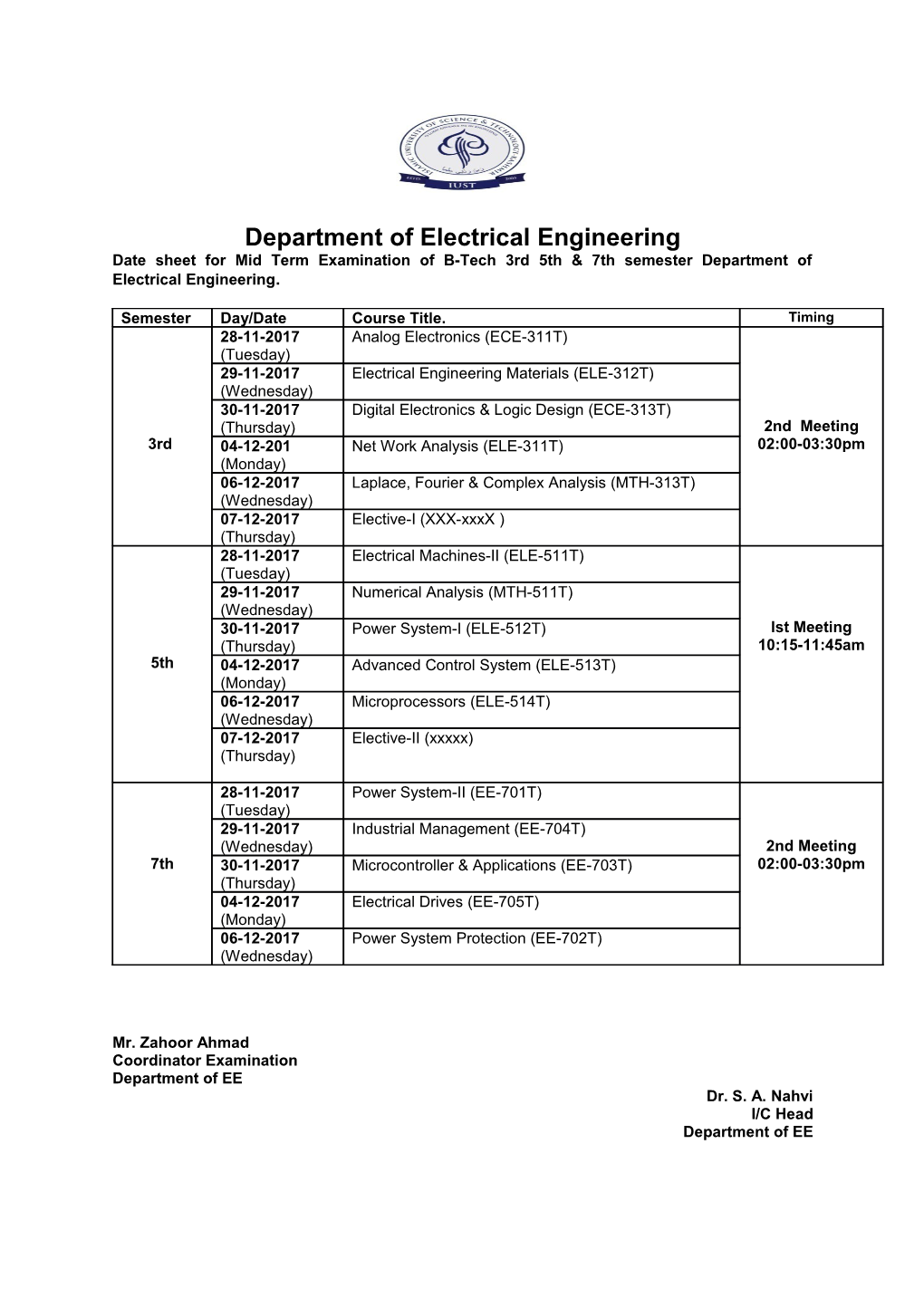 Date Sheet for Mid Term Examination of B-Tech 3Rd 5Th & 7Th Semester Department of Electrical