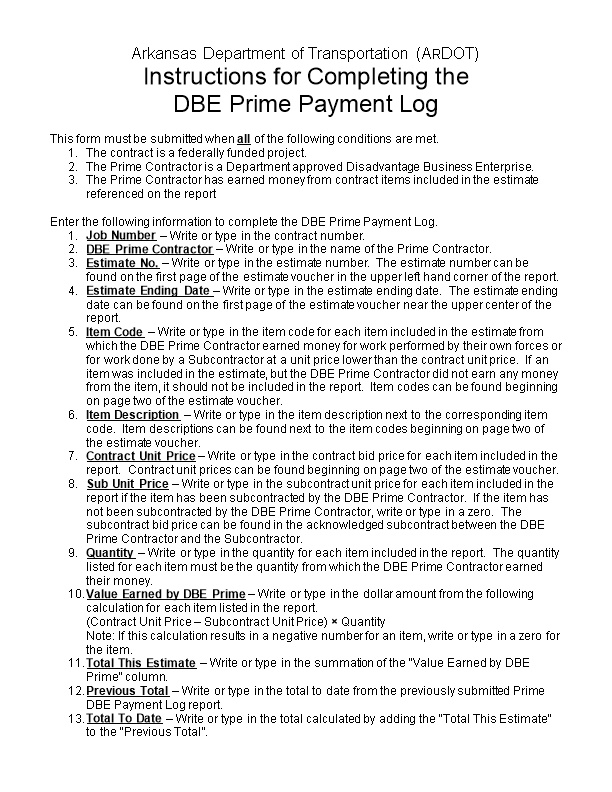 DBE Payment Log Instructions