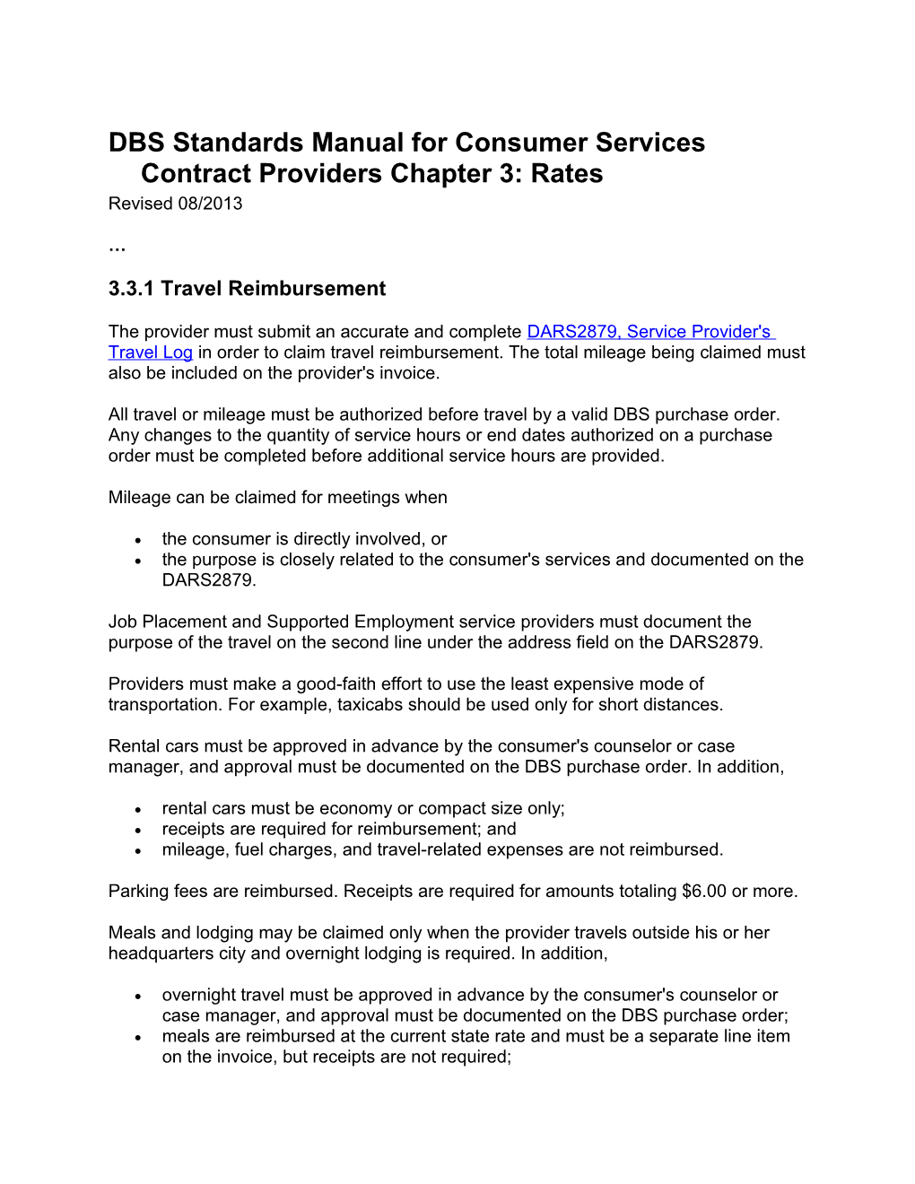 DBS Standards Manual for Consumer Services Contract Providers Chapter 3 Revisions, August 2013