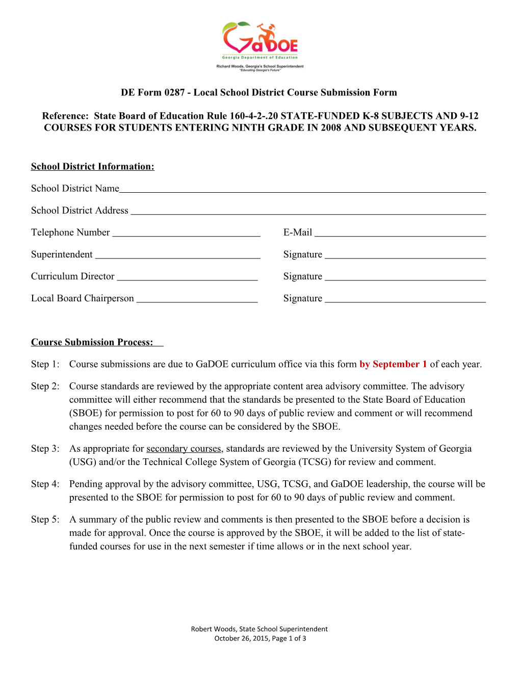 DE Form 0287 -Local School District Course Submission Form