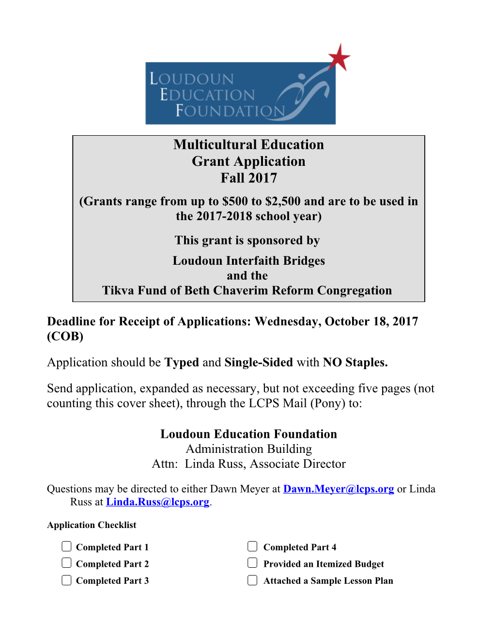 Deadline for Receipt of Applications: Wednesday, October 18, 2017 (COB)