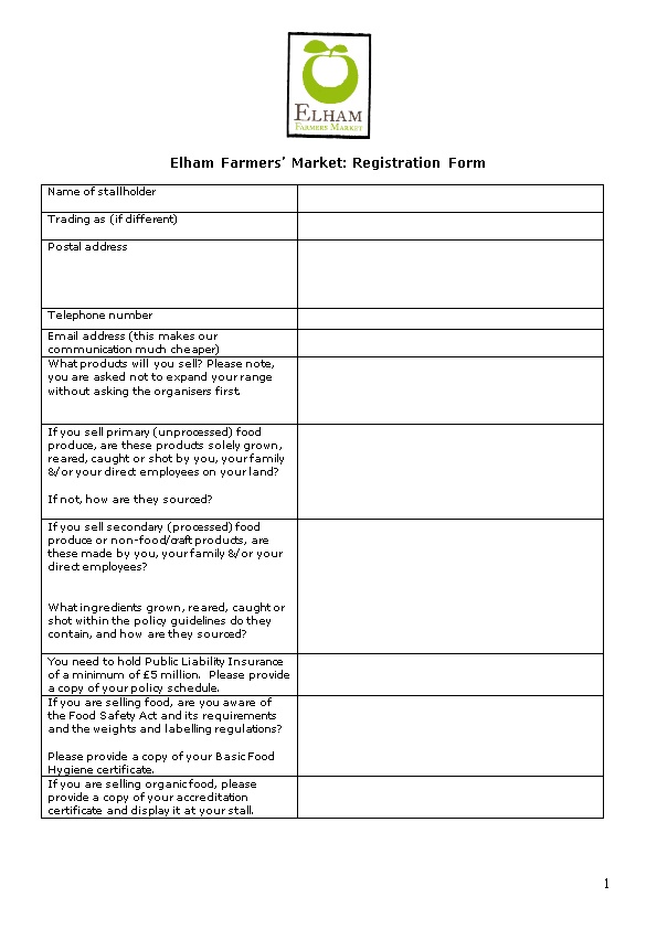 Deal Farmers Market Questionnaire and Application Form