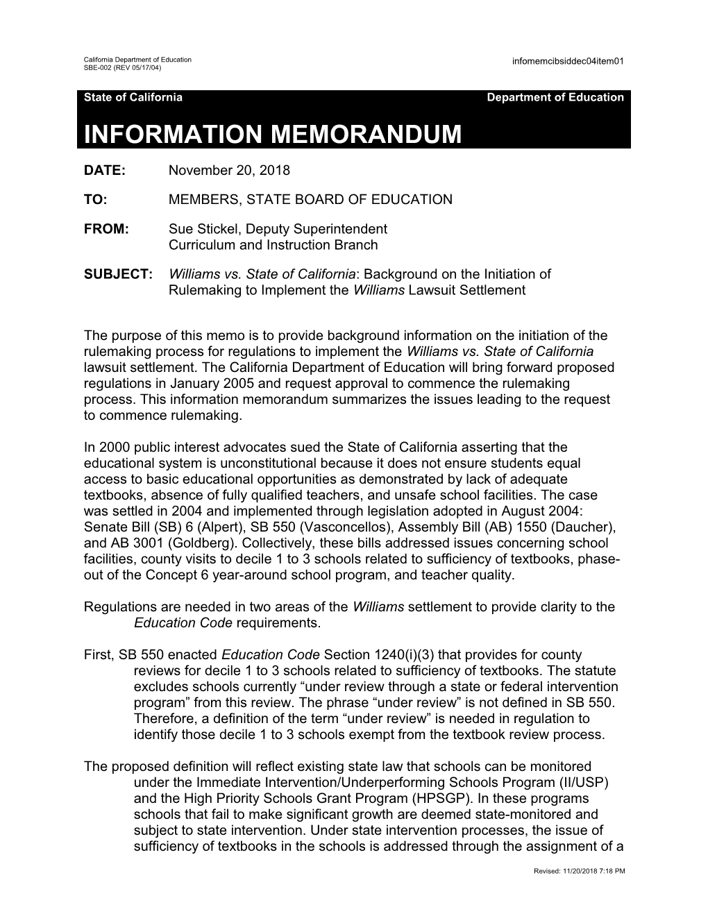 December 2004 SID Item 1 - Information Memorandum (CA State Board of Education)