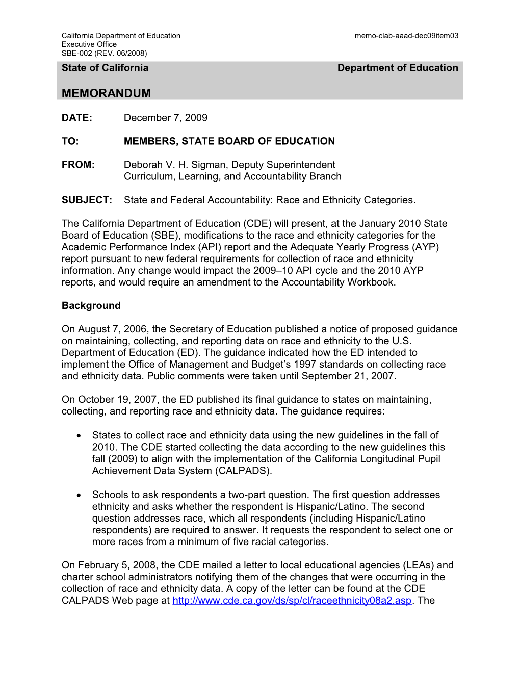 December 2009 CLAB Item 07 - Information Memorandum (CA State Board of Education)