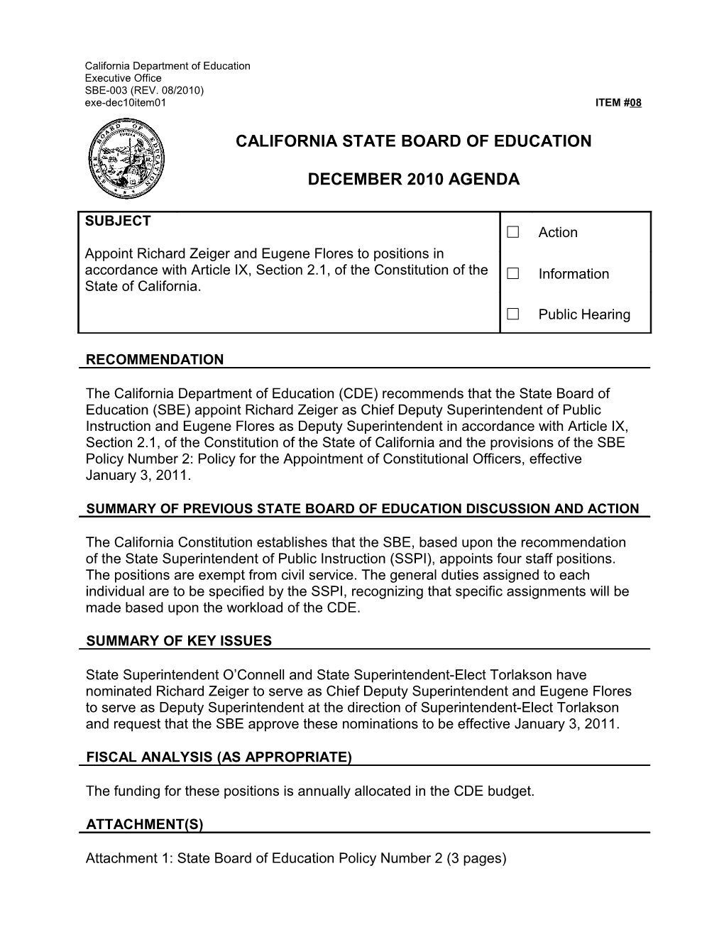 December 2010 Agenda Item 8 - Meeting Agendas (CA State Board of Education)