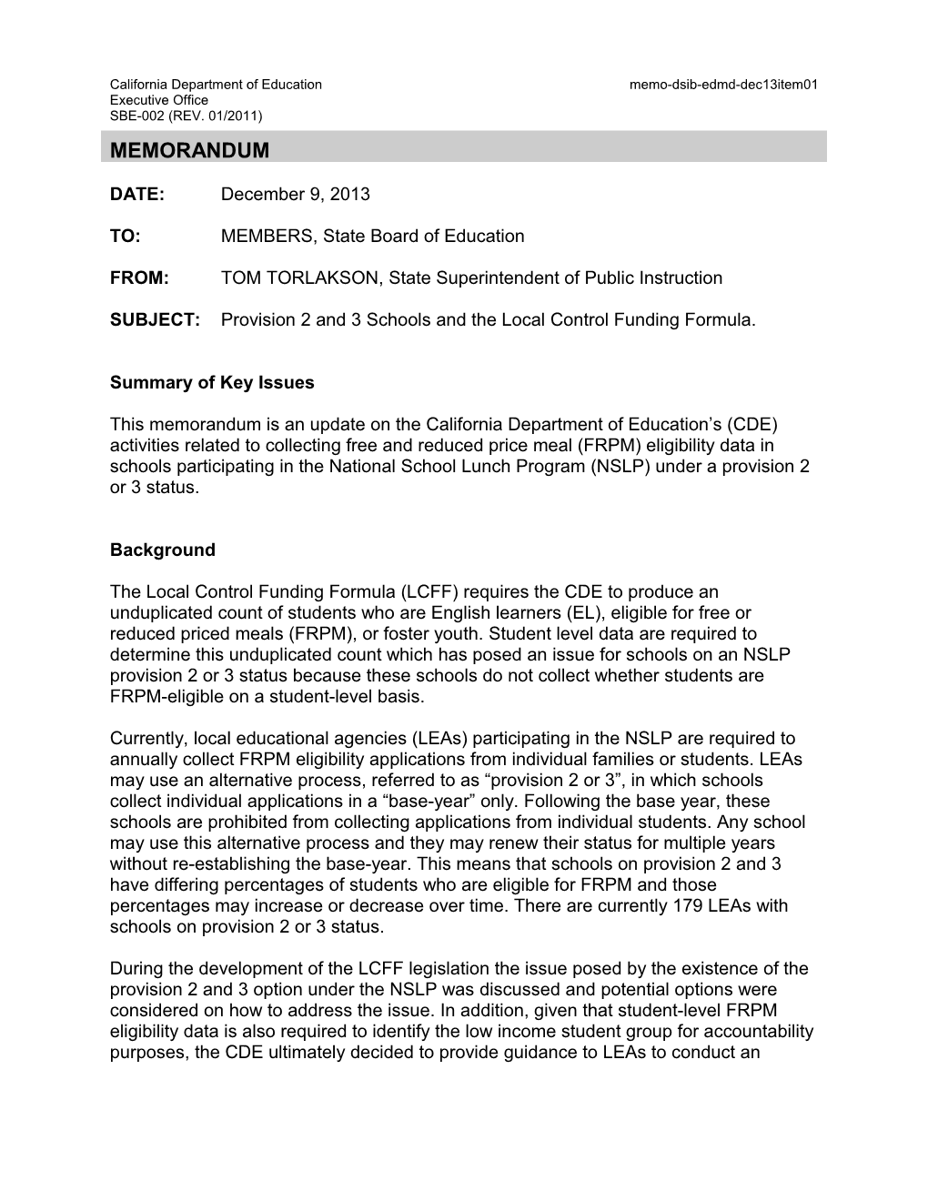 December 2013 EDMD Memo Item 01 - Information Memorandum (CA State Board of Education)