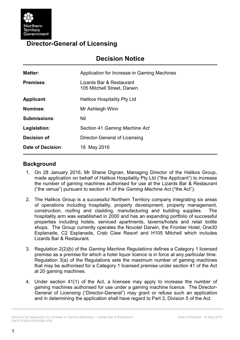 Decision Notice for Shenannigans Irish Pub - Application for Increase in Gaming Machines