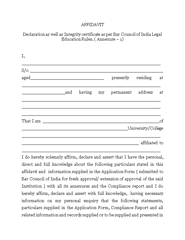 Declaration As Well As Integrity Certificate As Per Bar Council of India Legal Education