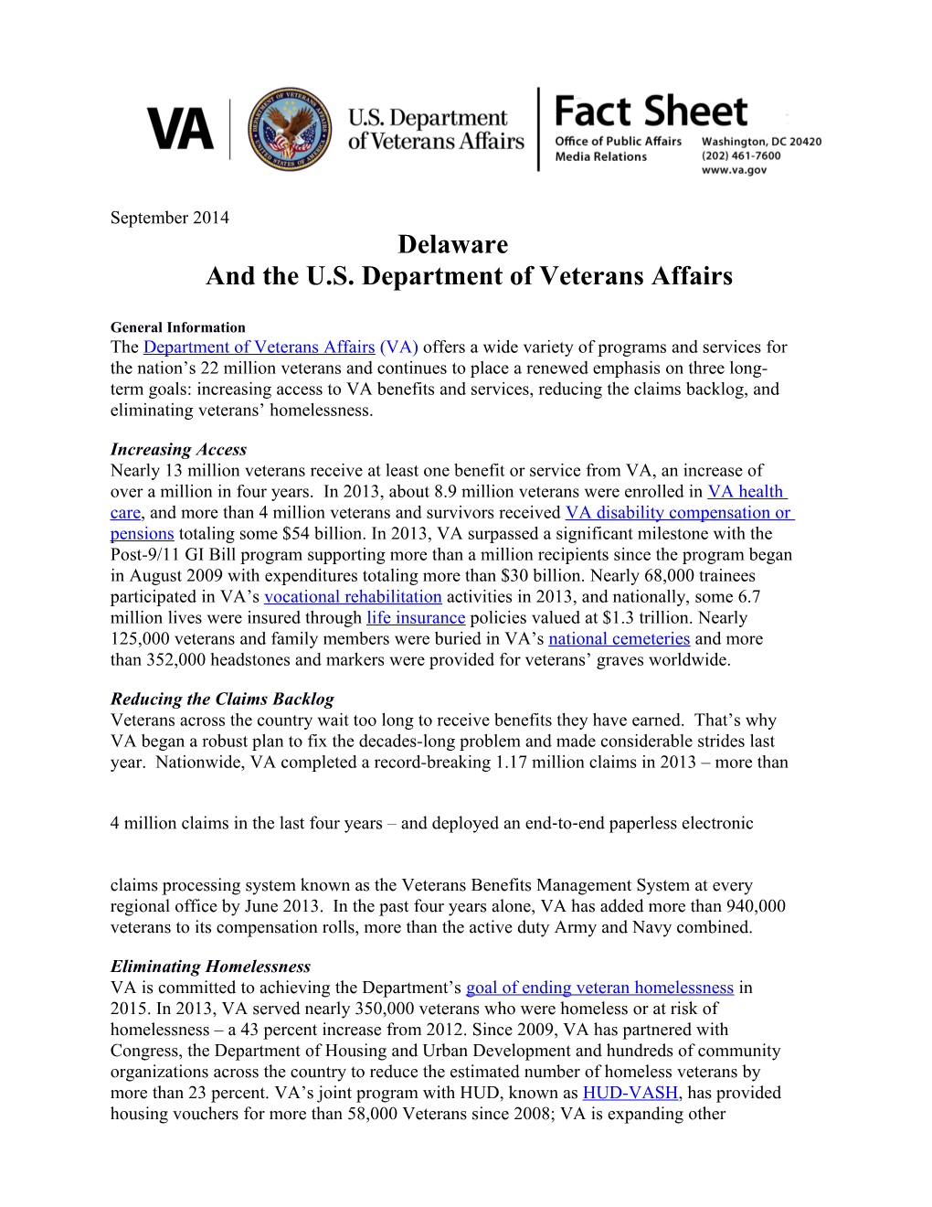 Delawareand the U.S. Department of Veterans Affairs