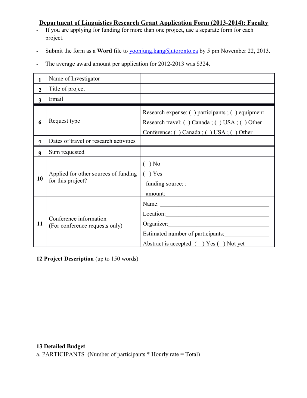 Department of Linguistics Research Grant Application Form (2013-2014):Faculty