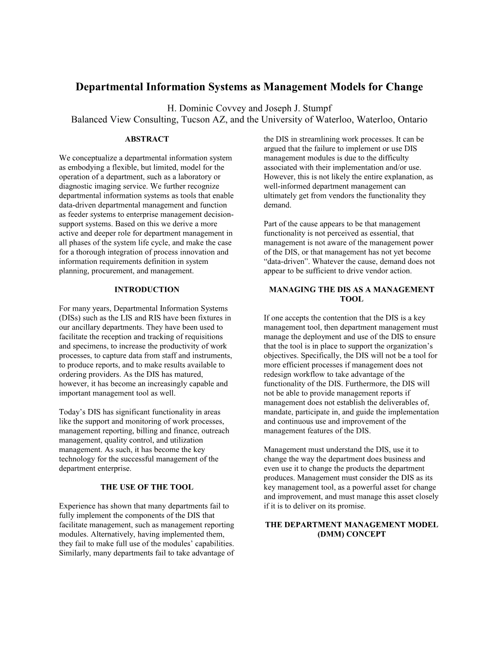 Departmental Information Systems As Management Models for Change