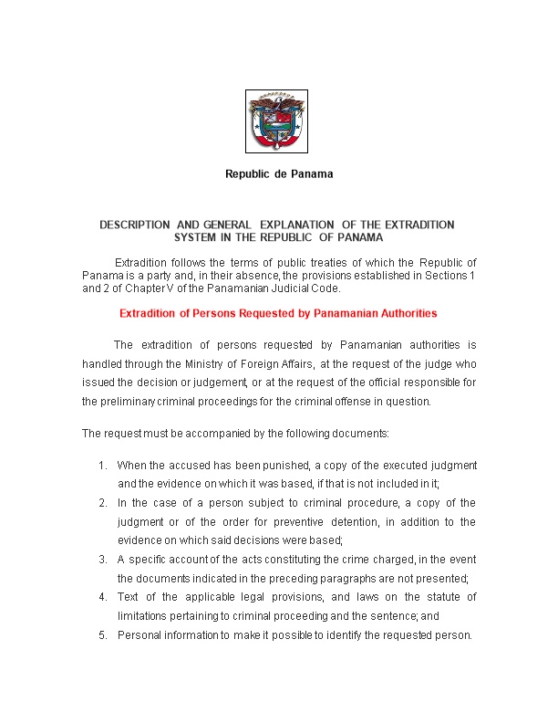 Description and General Explanation of the Extradition System in the Republic of Panama