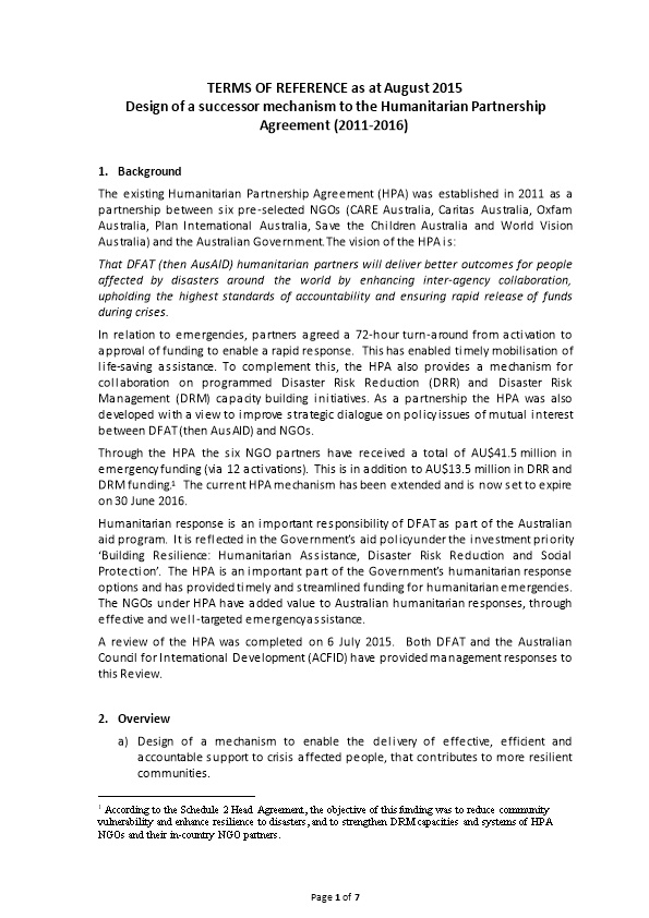 Design of a Successor Mechanism to the Humanitarian Partnership Agreement (2011-2016)