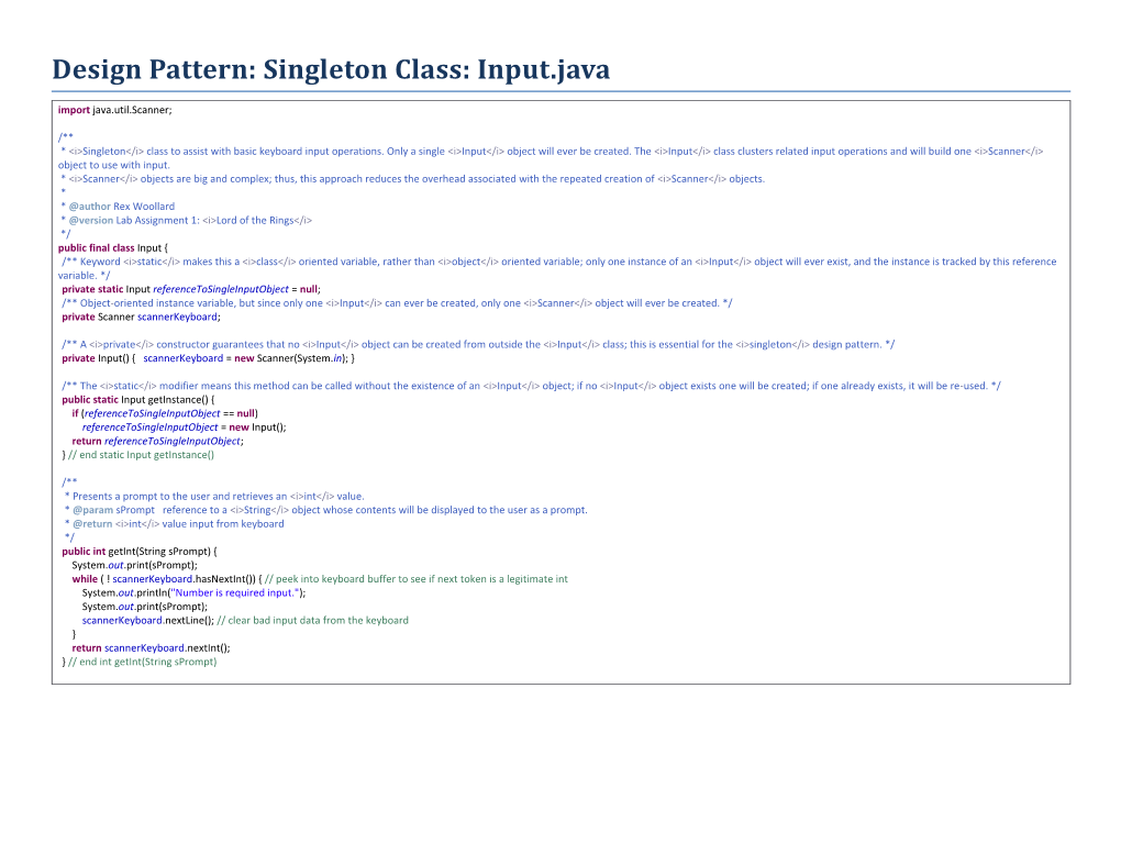 Design Pattern: Singleton Class: Input.Java