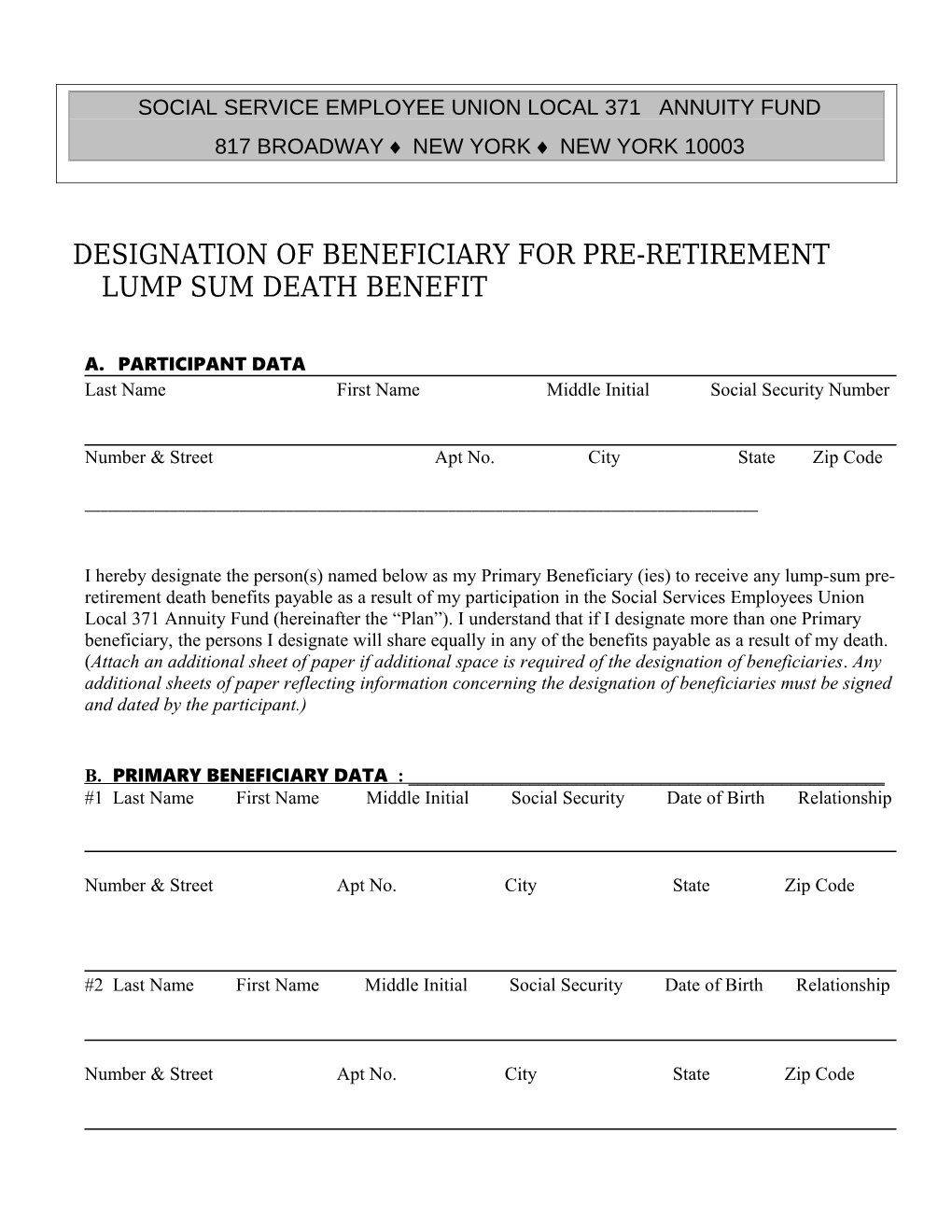 Designation of Beneficiary for Pre-Retirement Lump Sum Death Benefit