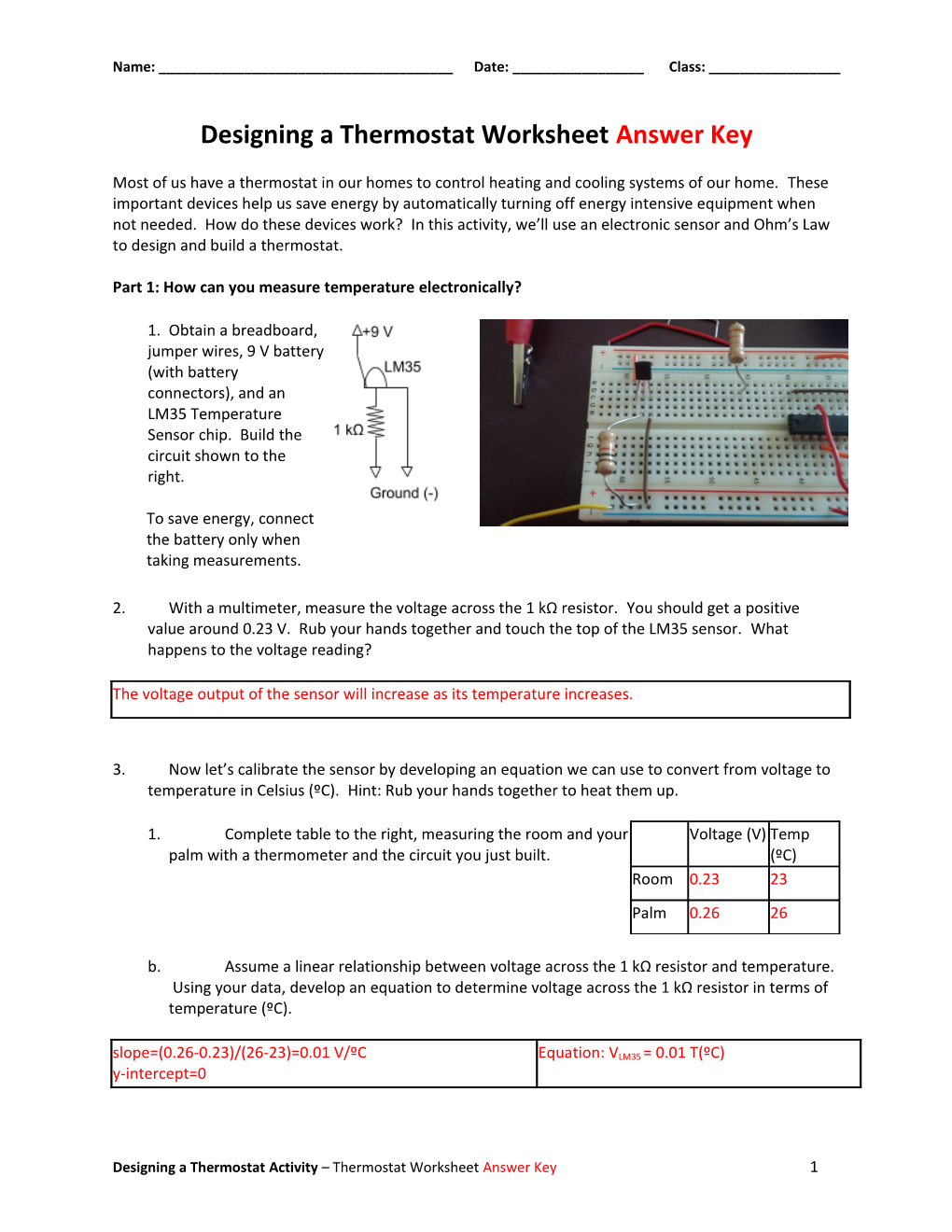 Designing a Thermostat Worksheetanswer Key