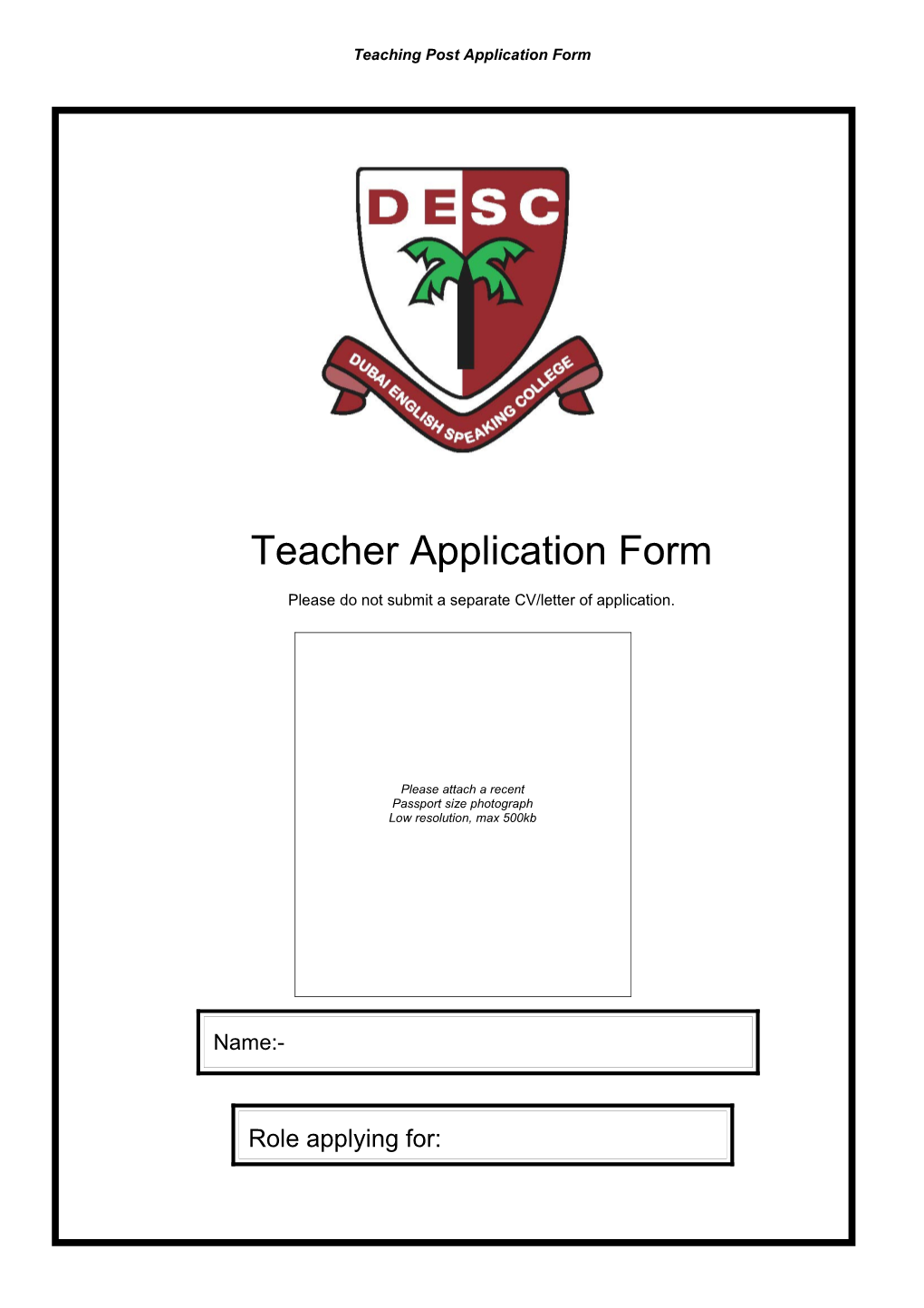 Dess Teacher Application Form 2003