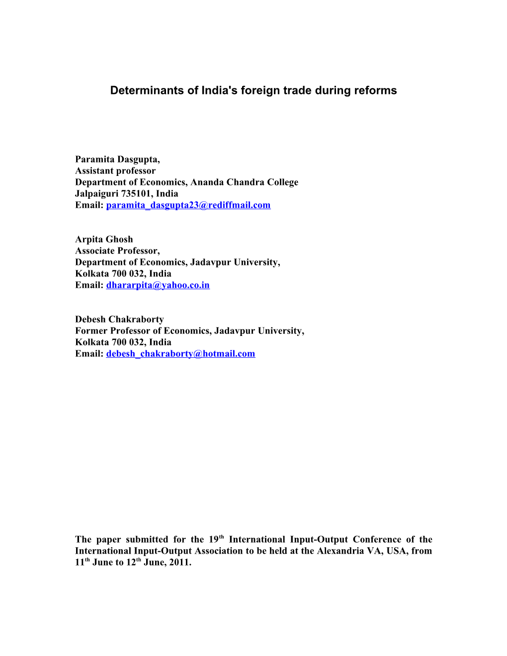 Determinants of India's Foreign Trade During Reforms