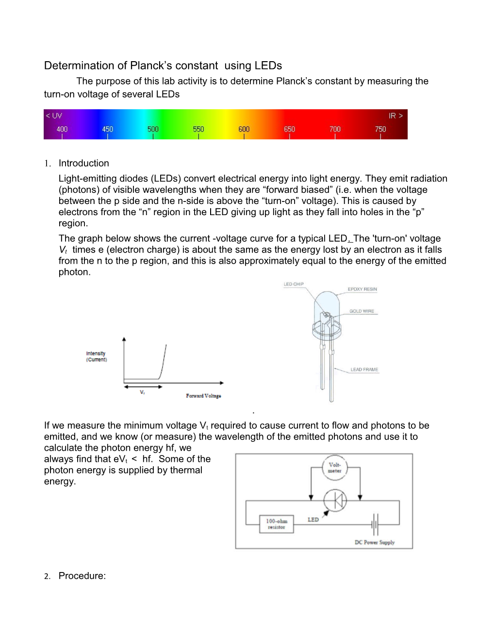Determination of Planck S Constant Using Leds the Purpose of This Lab Activity Is to Determine