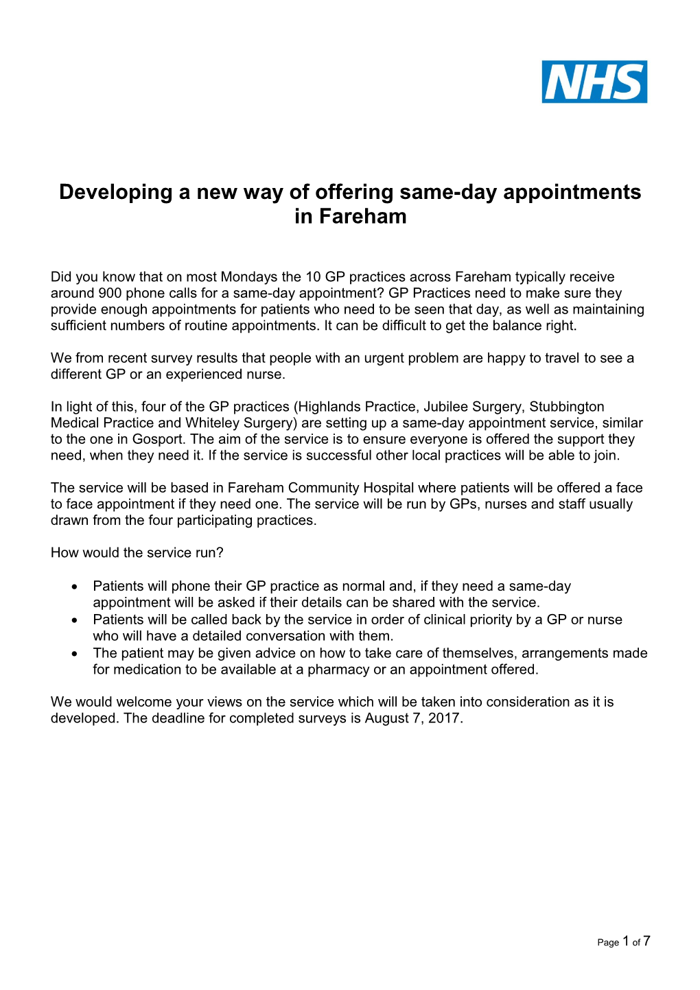 Developing a New Way of Offering Same-Day Appointments in Fareham