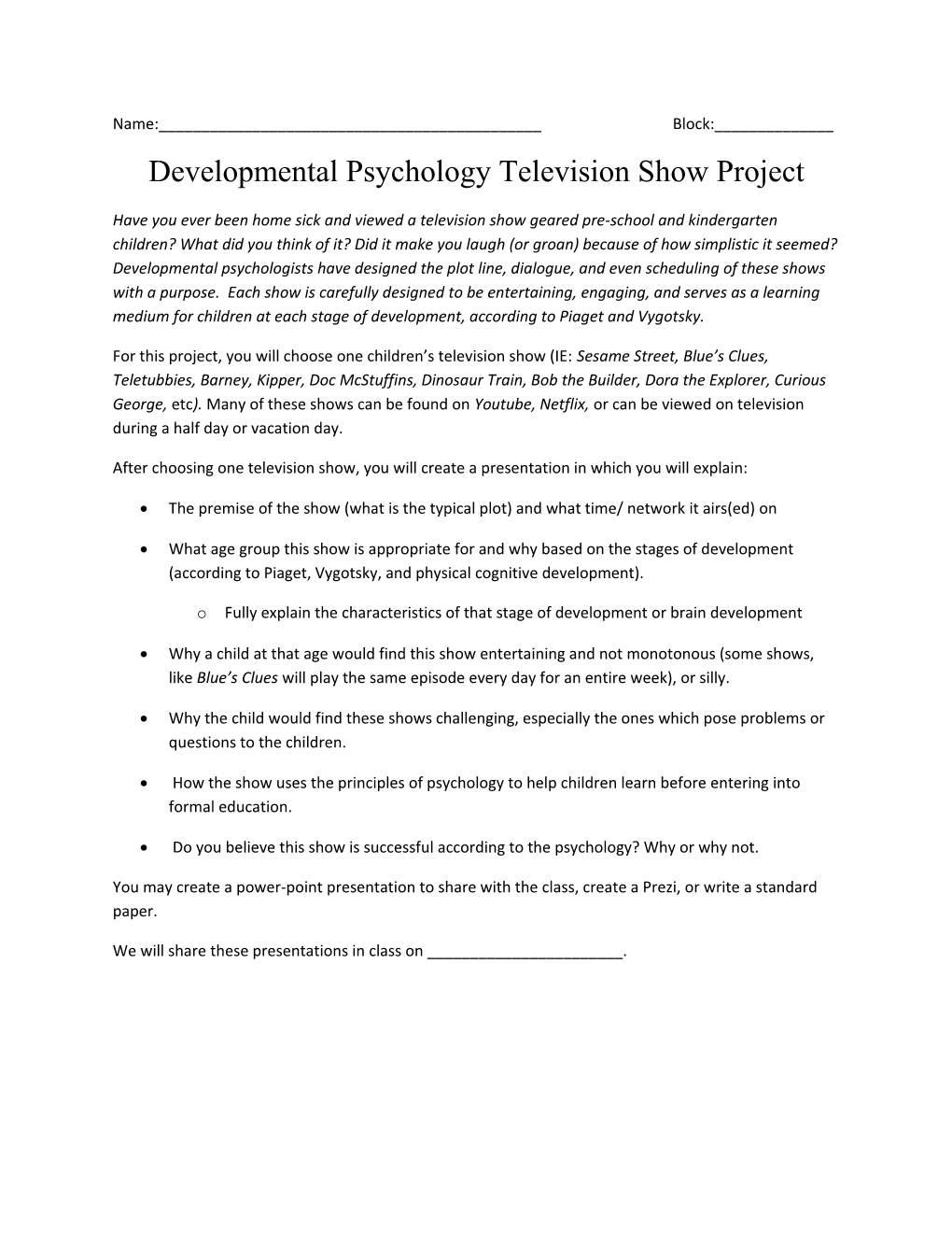 Developmental Psychology Television Show Project
