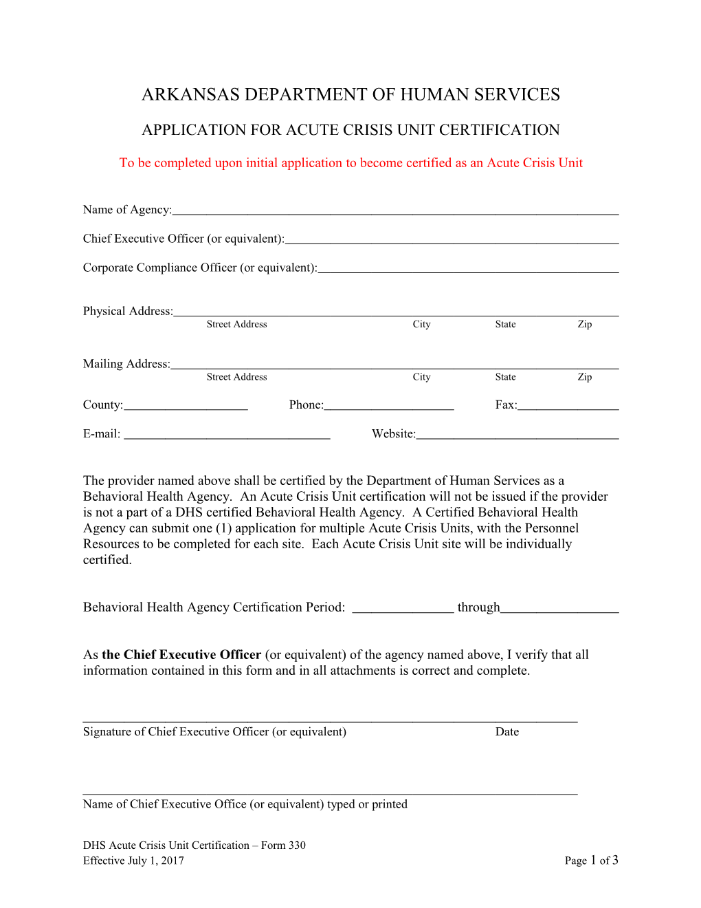 DHS ACUTE CRISIS UNIT CERTIFICATION Form 330