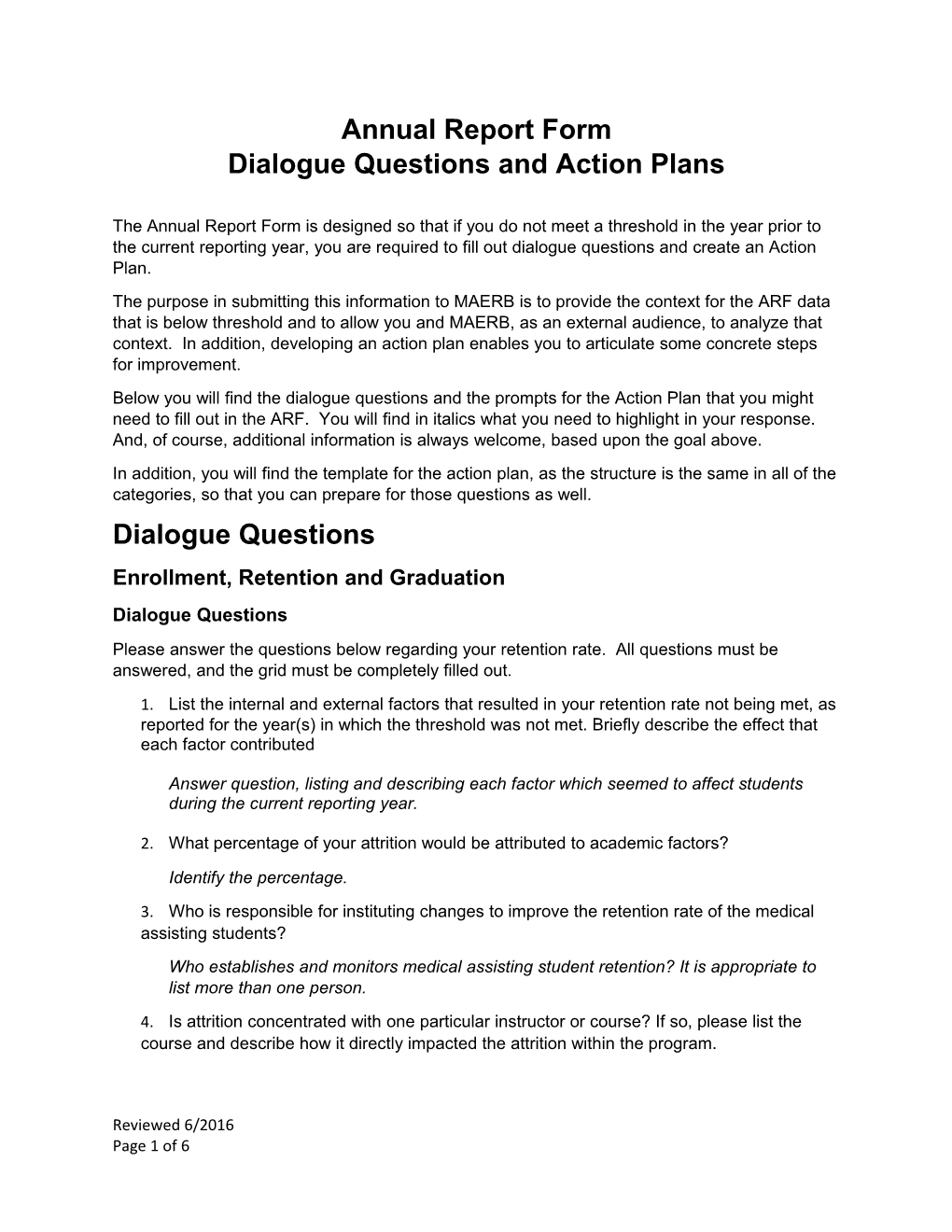 Dialogue Questions and Action Plans