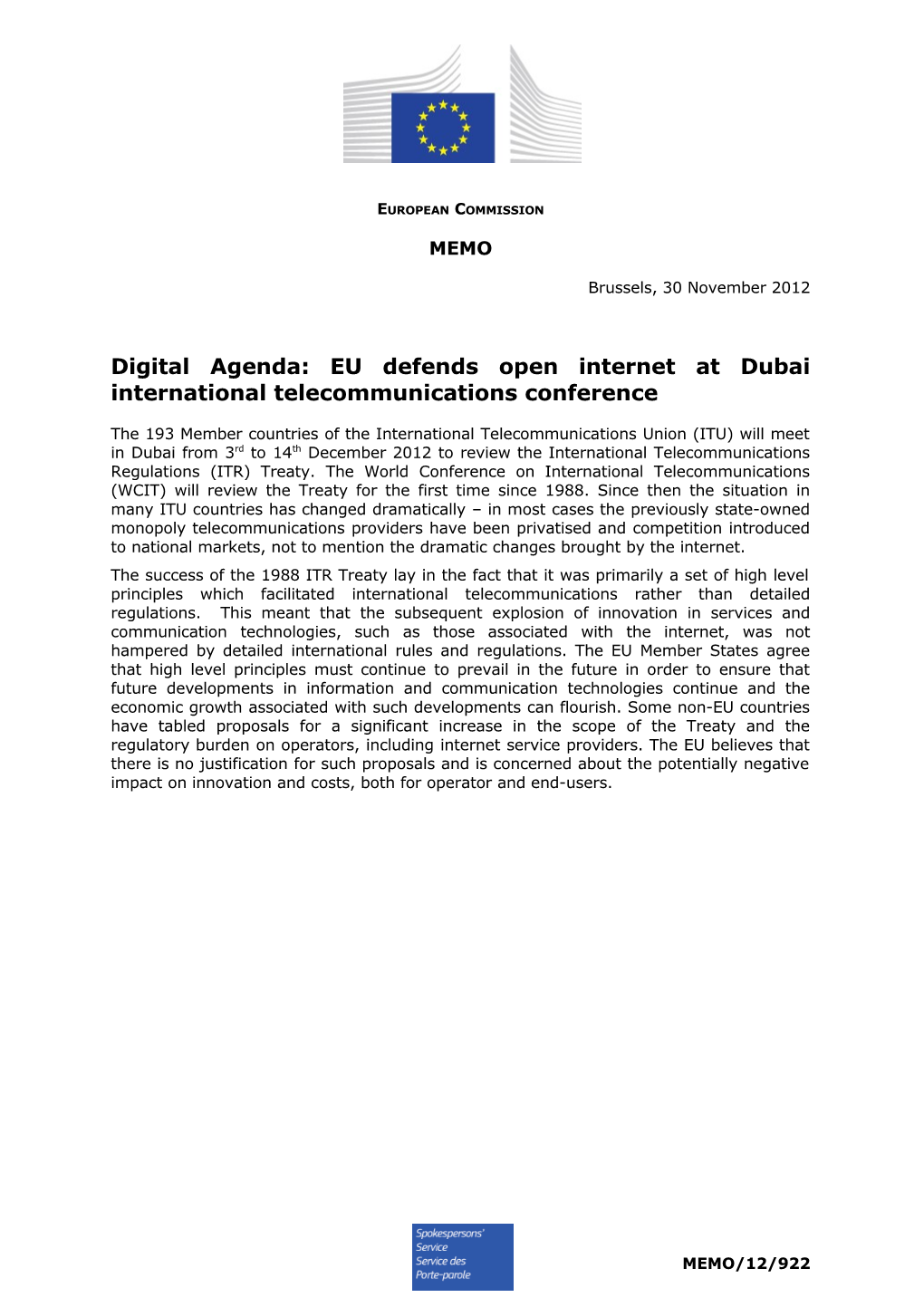 Digital Agenda: EU Defends Open Internet at Dubai International Telecommunications Conference