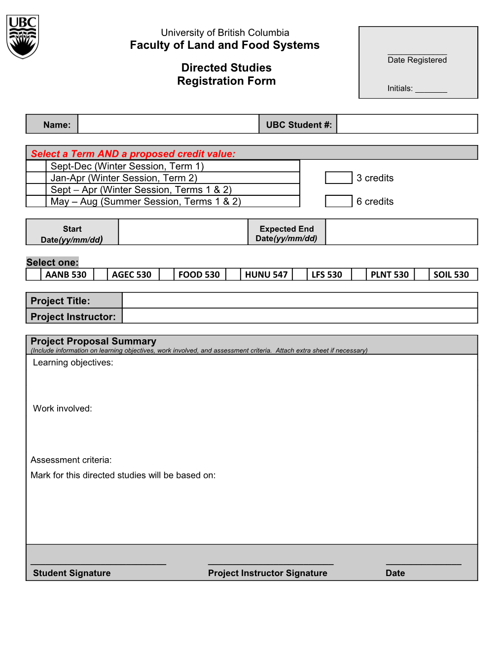 Directed Studies Registration Form