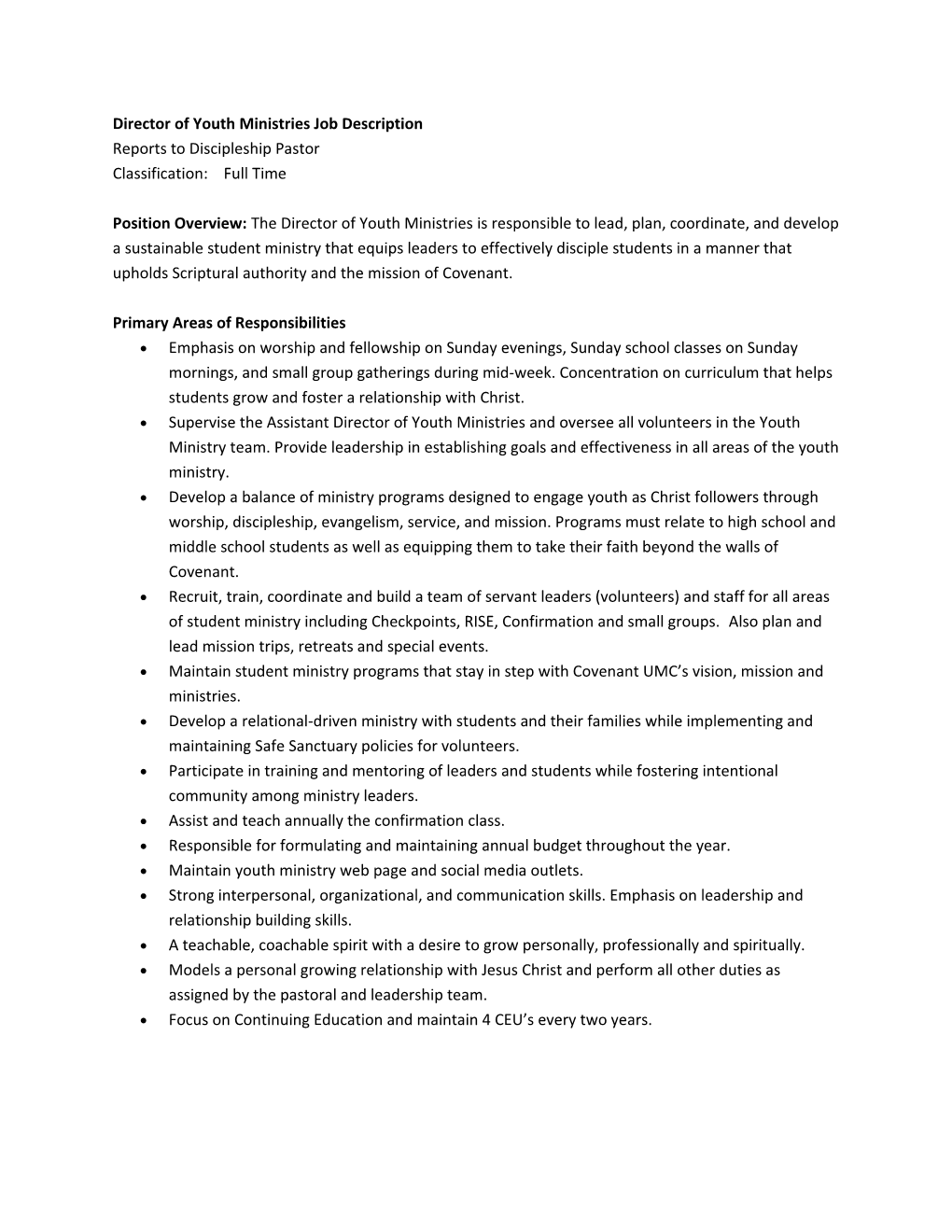 Director of Youth Ministries Job Description