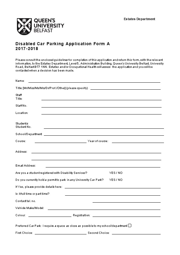 Disabled Car Parking Application Form a 2017-2018