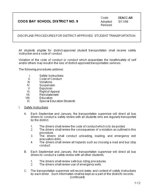 Discipline Procedures for District-Approved Student Transportation - Eeacc-Ar