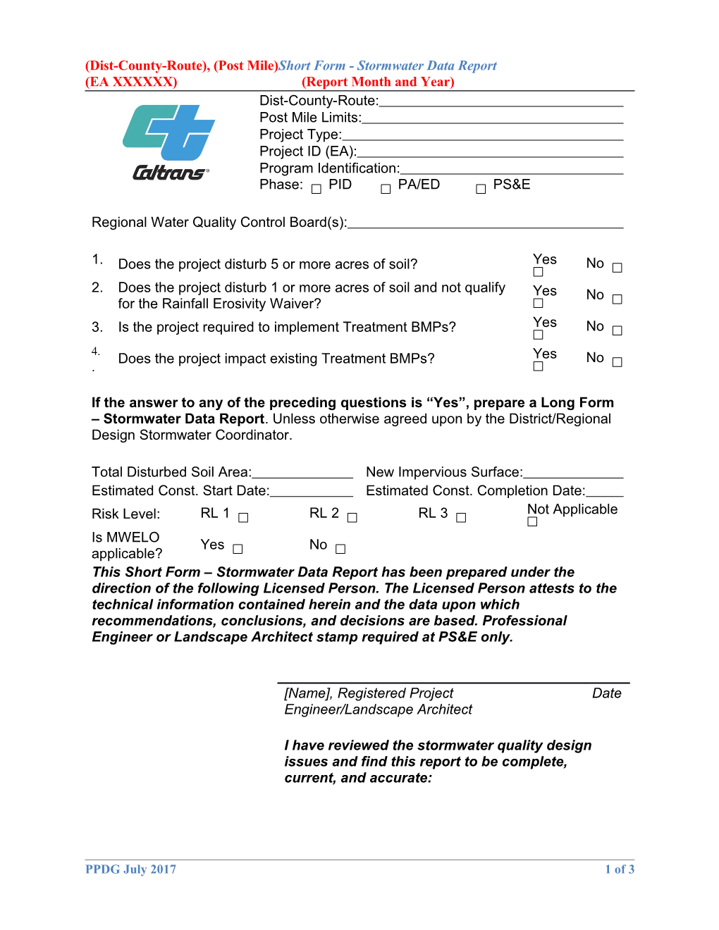 (Dist-County-Route), (Post Mile)Short Form - Stormwater Data Report (EA XXXXXX)(Report