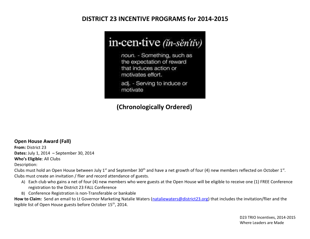 DISTRICT 23 INCENTIVE PROGRAMS for 2014-2015